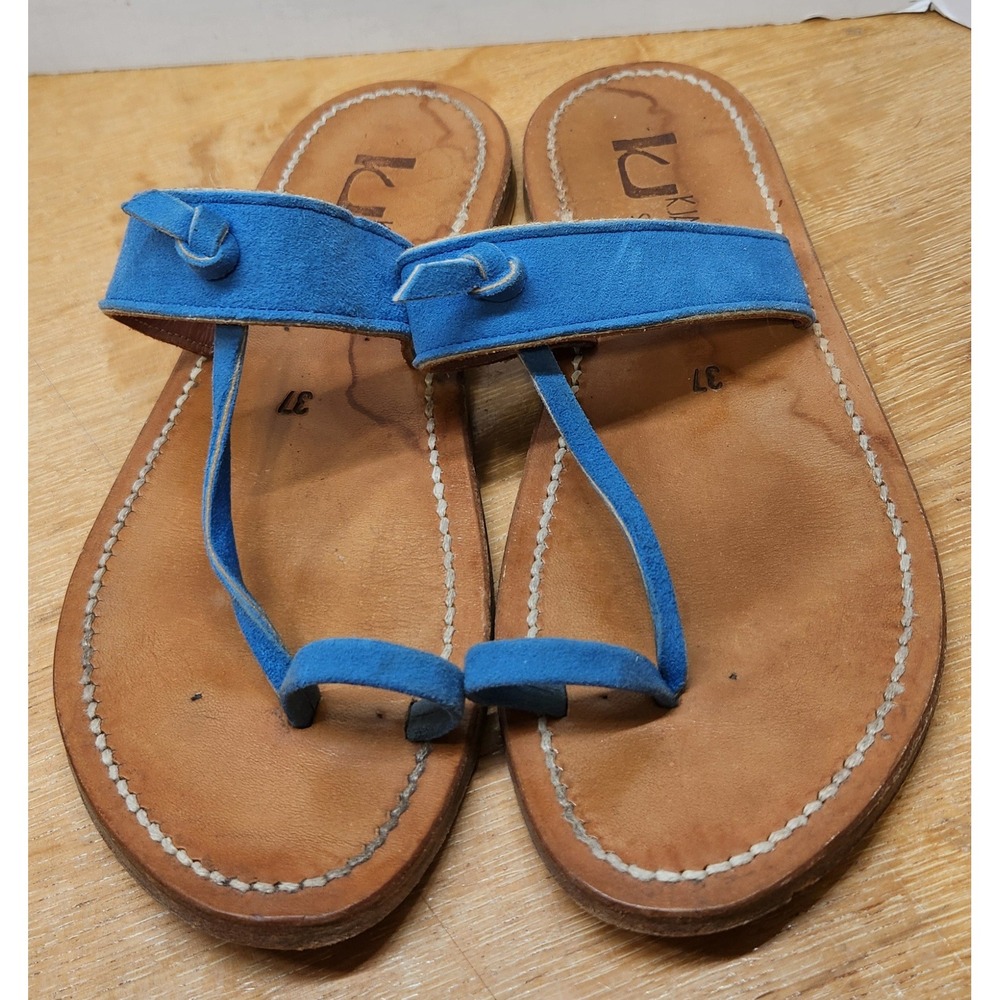 K.Jacques St Tropez Blue Suede Leather Toe Loop Flat Sandals Womens Size 37
